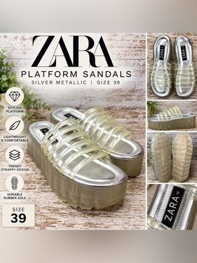 Zara Silver Metallic Clear Strappy Platform Sandals Women’s Size 39